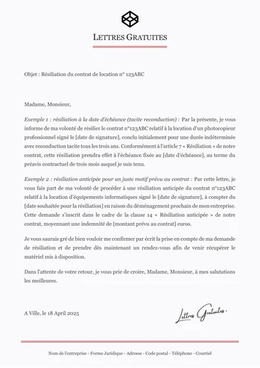 Une lettre de résiliation d'une location de matériel