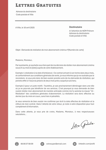 Exemple de lettre de demande de résiliation d'un abonnement à un j