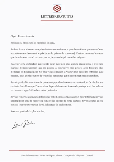 Une lettre de remerciement pour un prix reçu