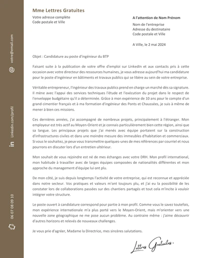 Une lettre de motivation d'un ingénieur génie civil