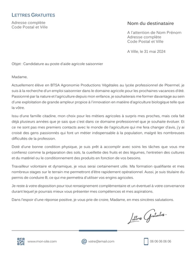 Une lettre de motivation d'un ouvrier agricole saisonnier