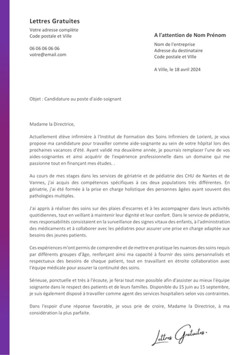Une lettre de motivation d'une étudiante infirmière pour un remplacement d'aide-