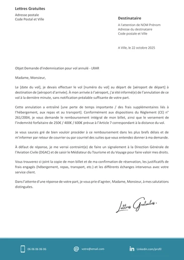 Une lettre de demande d'indemnisation