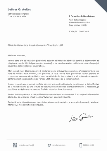 Exemple de lettre de demande de résiliation d'une ligne de tél&