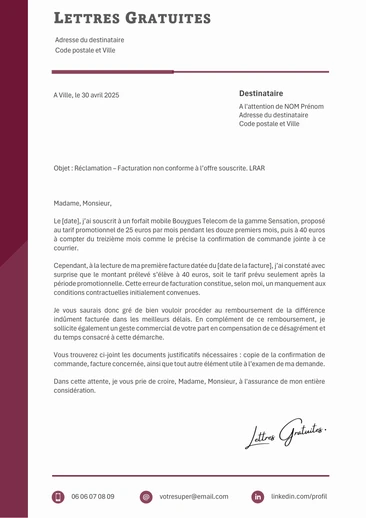 Une lettre de réclamation à Bouygues Telecom