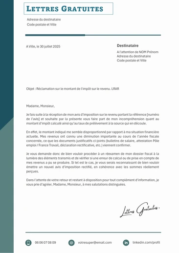 Une lettre de réclamation aux impôts