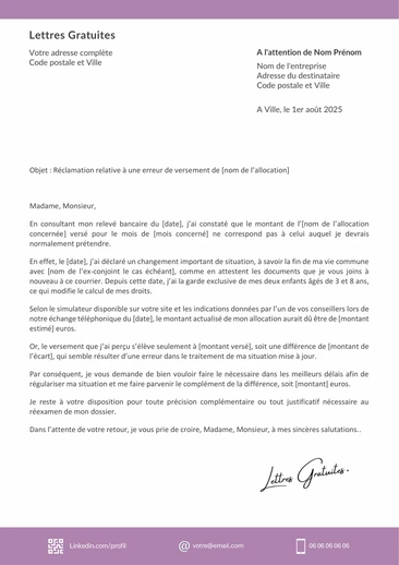 Une lettre de réclamation à la CAF