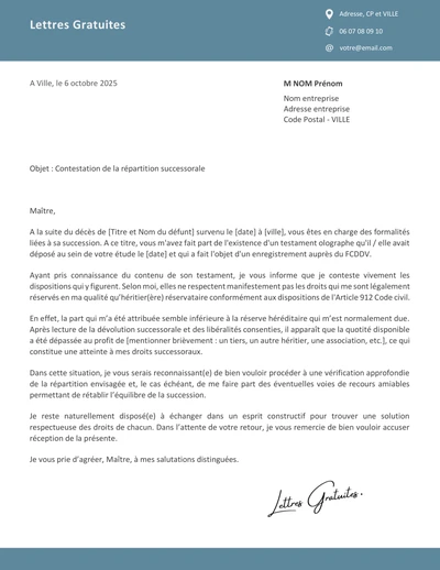 Une lettre de contestation d'une succession