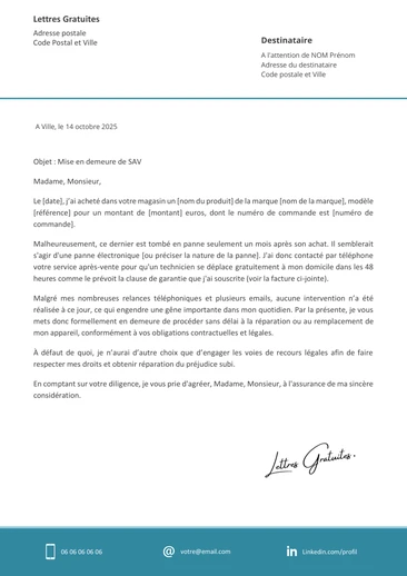 Une lettre de réclamation au SAV