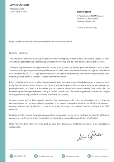 Une lettre de réclamation à Vélib