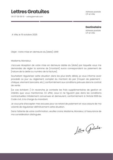Une lettre de réponse à une mise en demeure de payer