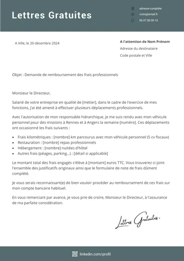 Une lettre de demande de remboursement de frais professionnels