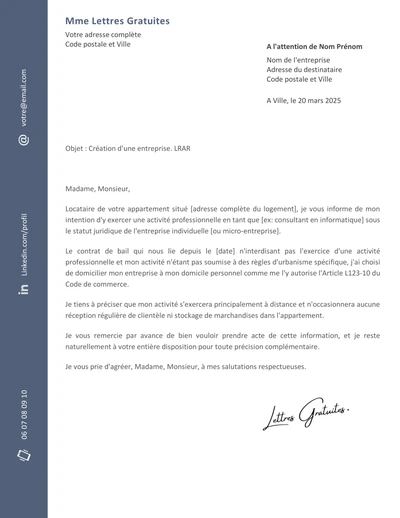 Une lettre pour informer de la domiciliation d'une entreprise à son domicile