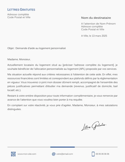 Une lettre de demande d'aide au logement