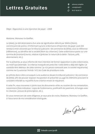Une lettre de contestation d'une injonction de payer