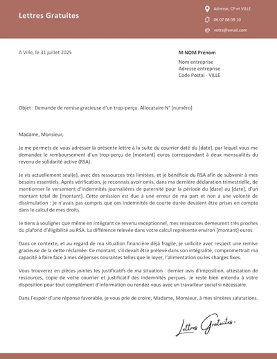 Une lettre de demande de remise gracieuse d'une dette de la CAF