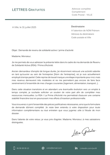 Une lettre de demande de RSA ou Prime d'activité