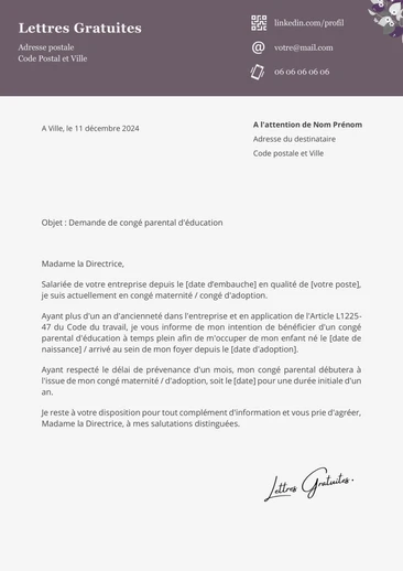 Une lettre de demande de congé parental