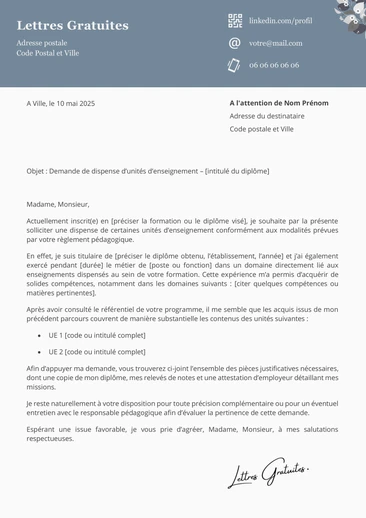 Une lettre de demande d'unités d'enseignements