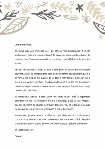 Une lettre pour annoncer sa réussite à un examen