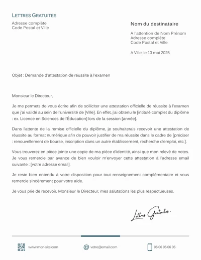Une lettre de demande d'attestation de réussite à un diplôme ou concours