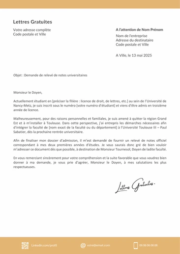 Une lettre de demande de relevé de notes