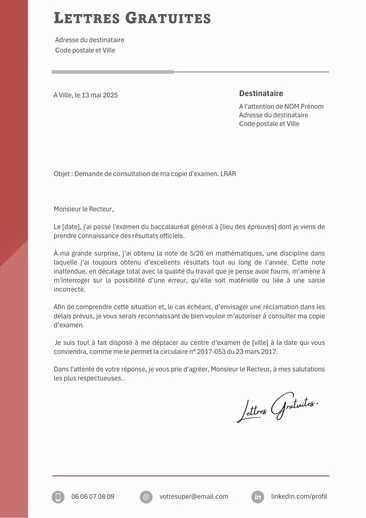 Une lettre de réclamation de sa note d'examen