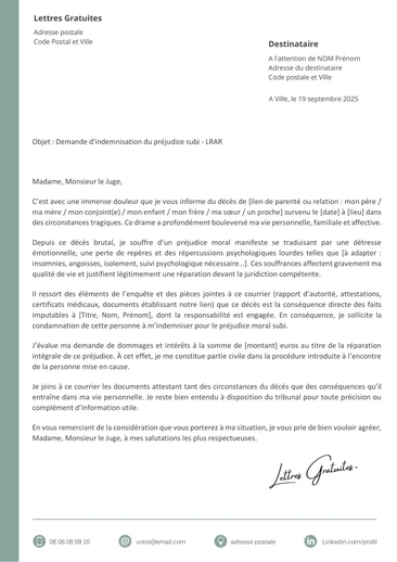 Une lettre de demande de dommages et intérêts pour préjudice
