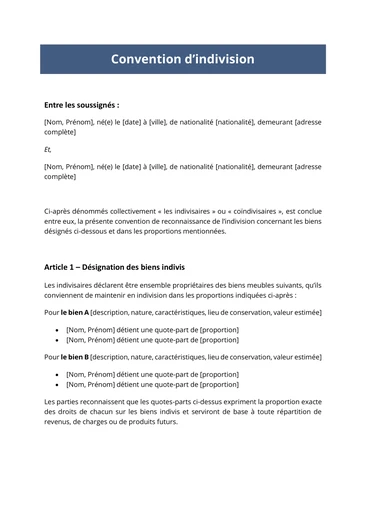 Un modèle de convention d'indivision