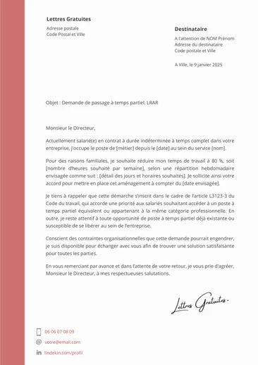 Une lettre de demande de temps partiel à l'employeur