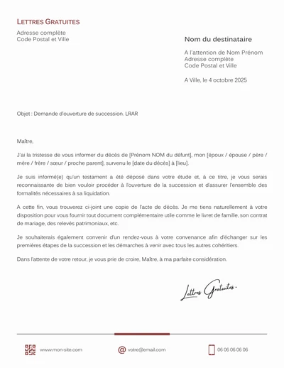 Une lettre de demande d'ouverture de la succession