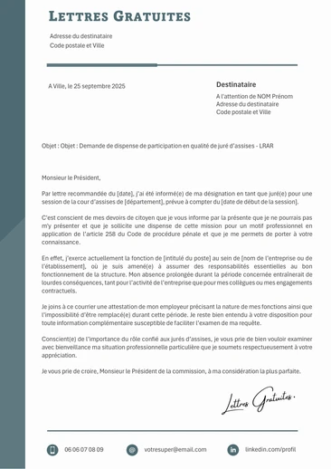 Une lettre de demande de dispense de juré d'assise