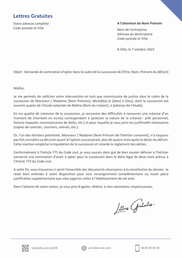 Une lettre de sommation d'opter pour la succession