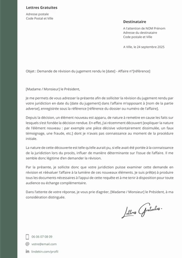 Une lettre de demande de révision d'une décision de justice