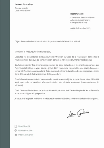 Une lettre de demande de copie d'une contravention