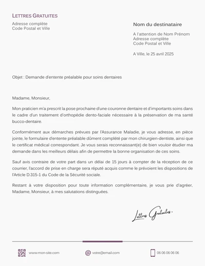 Une lettre de demande de prise en charge de soins dentaires à l'assurance