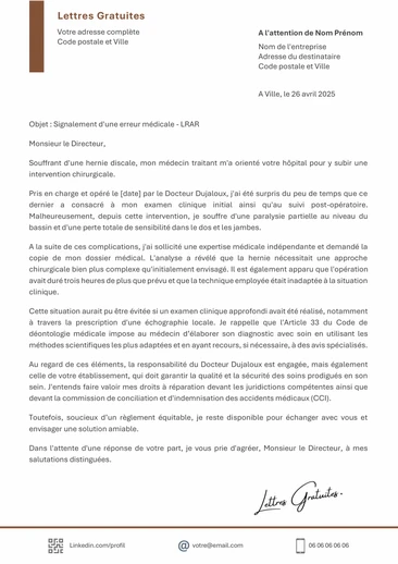 Une lettre de plainte contre un médecin pour erreur médicale