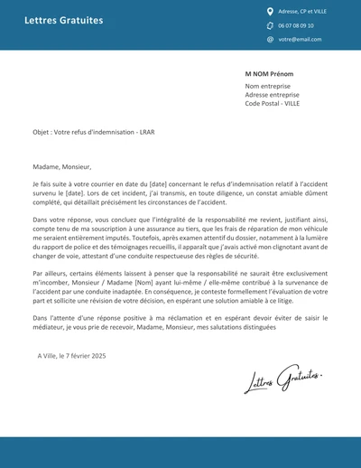 Une lettre de contestation de son implication dans un accident