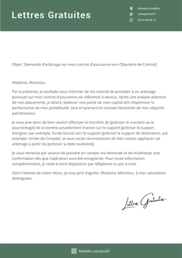 Une lettre de demande d'arbitrage d'une assurance vie