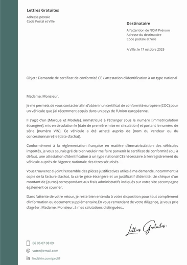 Une lettre de demande de certificat de conformité pour un véhicule étranger