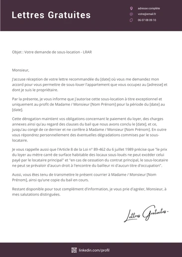 Une lettre d'un propriétaire pour autoriser la sous-location du bail