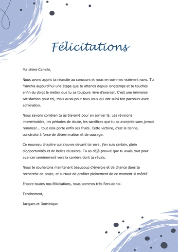 Un message de félicitations pour la réussite d'un concours