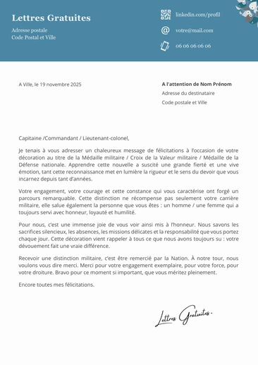 Un message de f&eacute;licitations pour la remise d'une m&eacute;daille