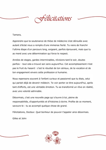 Un message de félicitations pour la réussite d'une thèse de doctorat