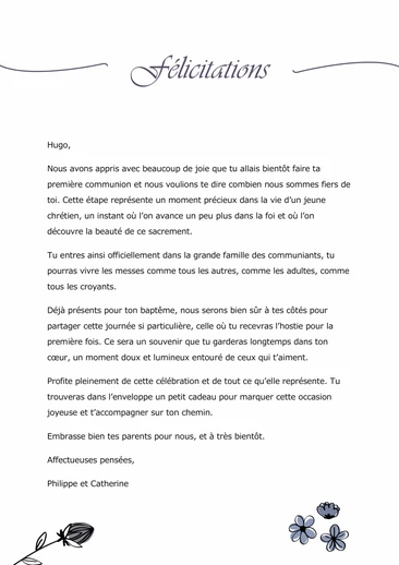 Un message de félicitations pour une communion