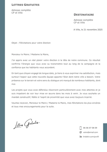 Un message de félicitations après une victoire aux élections