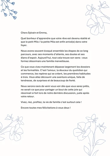 Un message de félicitations aux parents pour l'adoption d'un enfant