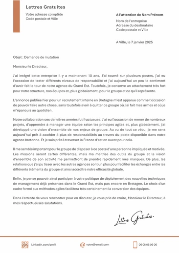 Une lettre de demande de mutation professionnelle