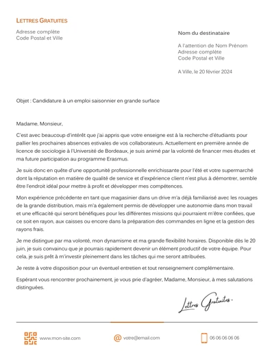 Une lettre de motivation d'un saisonnier en supermarché