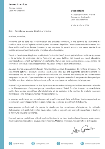 Une lettre de motivation d'un ingénieur chimiste